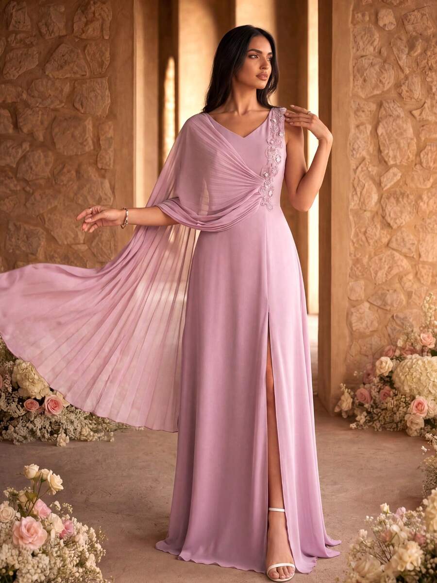 SUPGIR Gaun Pesta Chiffon Belahan Lengan Kelelawar dengan Hiasan Manik-manik Bordir dan Kerah V, Model Rumbai - Berwarna merah muda - View 1