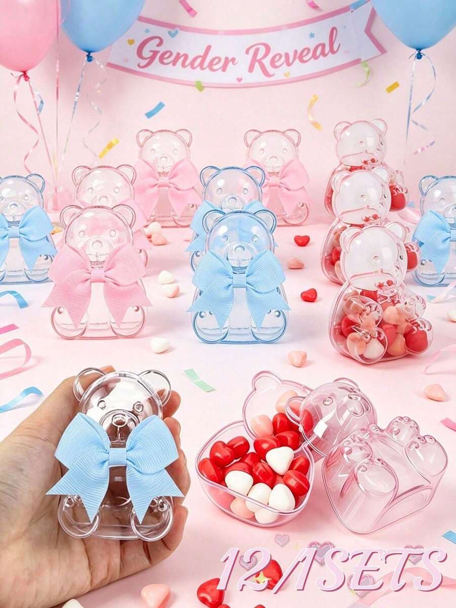 12/1 Set Cute Bear-Shaped Transparent Candy Boxes With Bows, Plastic ...
