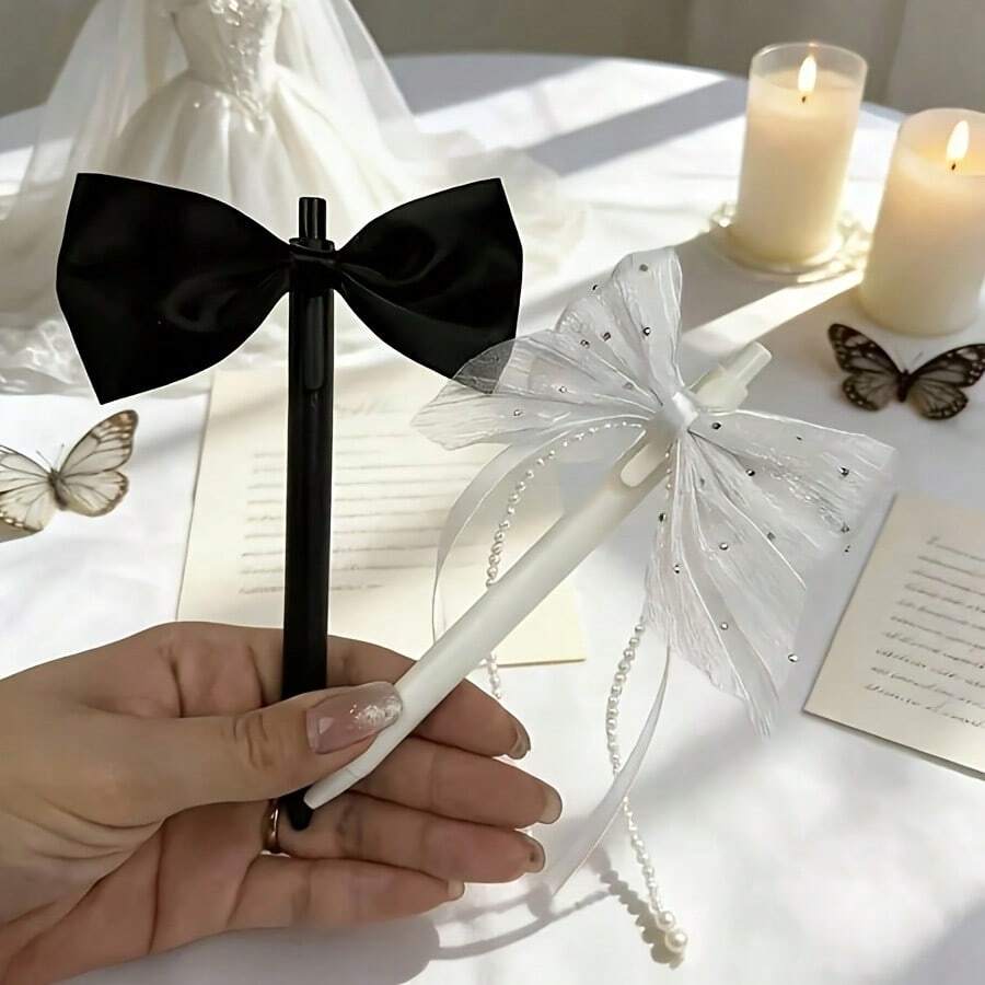 1pc/2pcs Exquisite Bride & Groom Pens With Pearl Bow Tie Decoration, Suitable For Wedding, Registration And Proposal Photo Props, Teacher's Day Gift, Wedding Signing Pen, Diary Writing Pen - Round - View 1