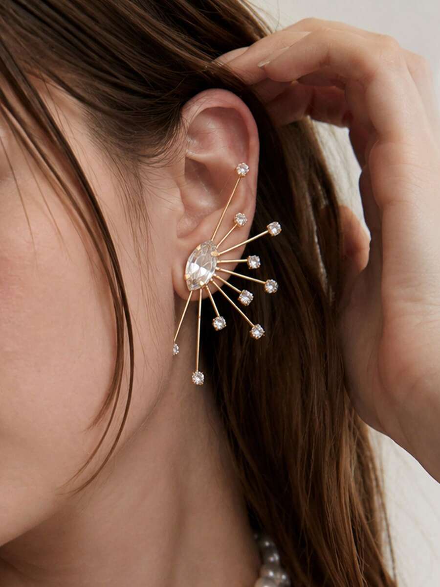 1pc Exaggerated Dangle Earrings With Radiating Starburst Rhinestones, Elegant Shiny Ear Jewelry For Women, Wedding Bride Evening Party - EH3618 - View 1