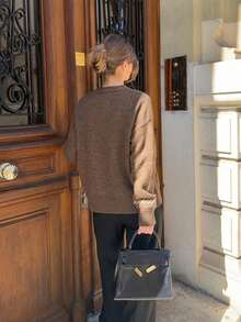 Cardigan Rajut Argyle, Kerah V, Kancing Depan, Lengan Panjang, Trim Bergaris, Cokelat, Sweater Kasual untuk Lapisan Pakaian Musim Gugur dan Musim Dingin dengan Bahan Lembut dan Elastis - Coffee Brown - View 6