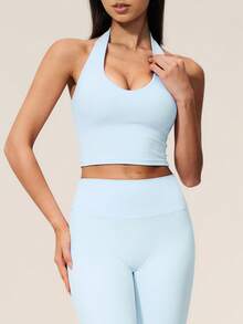 TimeOff Women's One Set Solid Color Halter V-Neck Cropped Tank Top And High Waist Mid-Length Pants Sports Set - Blue - View 5