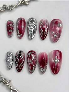 Y2K Gothic Style Black Press-On Nails, 10pcs 3D Silver Star & Swirl Fake Nails, Reusable DIY Manicure, Suitable For Grunge Style - Hot Pink - View 11