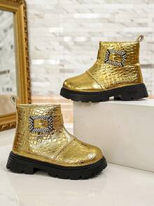 Kids Autumn/Winter Shiny Crocodile Embossed Rhinestone Square Buckle Boots With Side Zipper Thick Sole Runway Boots - Gold - View 6