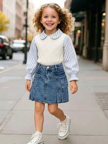 2-8 Years Young Girl Vintage Light Wash Denim Pleated Cargo Skirt With Pants, New Multi-Pocket Design, Flat Waistband With Built-In Elastic For Adjustable Fit, Knee-Length, Suitable For All Seasons, Acid Wash Process, Denim Pleated Utility Mini Skirt - Light Wash - View 3