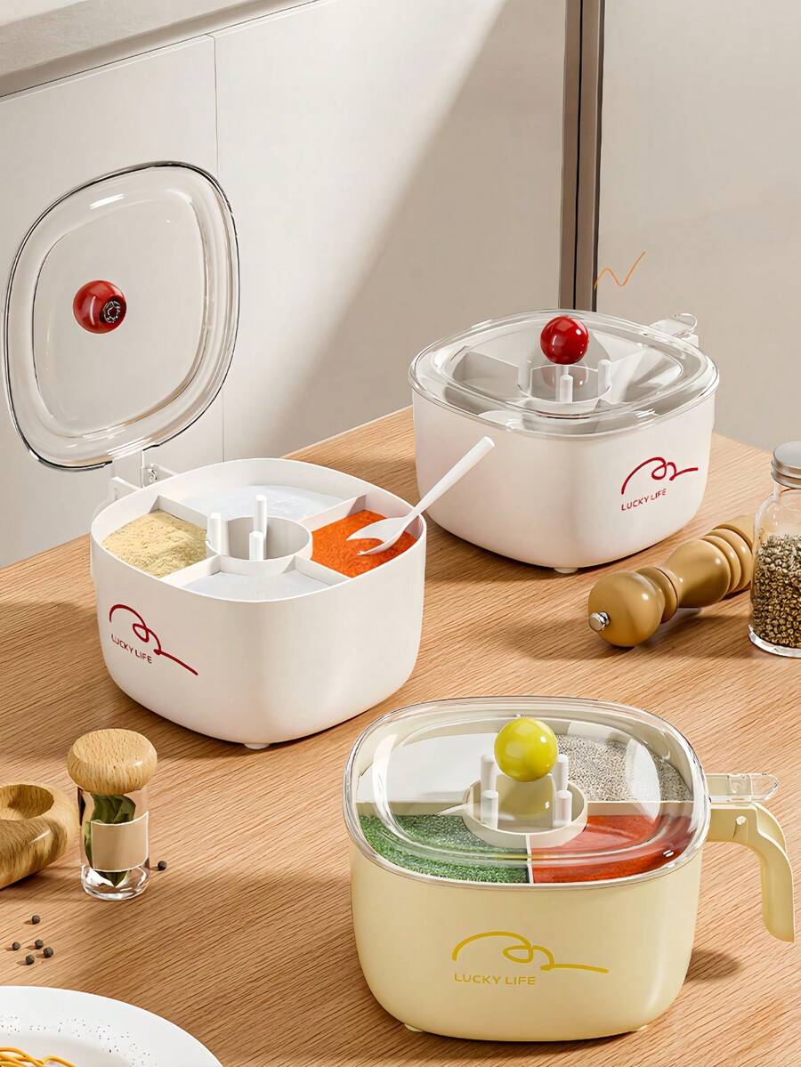Simple Kitchen Spice Box With Four Compartments, Integrated Lid, Multi-Functional, Suitable For Home Use, For Storing Salt, Sugar, And Other Seasonings. - Multicolor - View 1