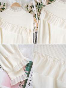 Women's New Autumn/Winter Apricot Casual Semi-High Neck Long Sleeve Ruffle Knit Base Layer Top With Beaded Design, Long Sleeve Sweater Fall - Apricot - View 9