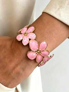 1pc Vintage Elegant Floral Open Cuff Bracelet For Women, Suitable For Daily Wear, Vacation And Date - Pink - View 1