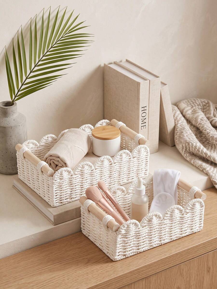 1pc Wicker Basket With Wooden Handle & Paper Rope, Multi-Use Storage Bin For Daily Home Organization. Suitable For Kitchen, Bathroom, Bedroom, Living Room, Dorm & Office. Perfect For Countertop, Shelf, Dressing Table, Stylish Home & Farmhouse Decor - White - View 1