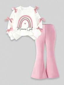 Girls' Simple Fashion Pink Bow Cartoon Print White Top And Pink Pants Sports Set, Autumn/Winter - White - View 2