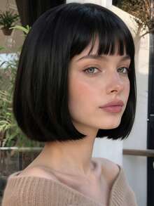 12 Inch Black Straight Bob Wig With Bangs, Elegant Short Hair, Suitable For Holiday Party And Date Styling - Black - View 3