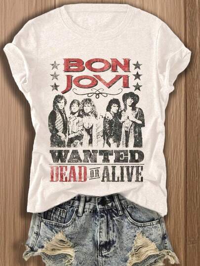Vintage Bon Jovi Wanted Dead Or Alive Graphic Tee, White Casual Short Sleeve Round Neck T-Shirt, Perfect For Summer Outfits