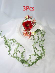 1/3/5件優雅波希米亞風紅色花卉手臂花環，配白色點綴與綠葉，浪漫新娘手臂飾品，適合晚宴派對攝影 - 紅色 - 查看 5
