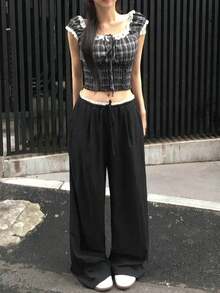 Solid Color Fishbone Pressed Line Vacation Design Waistband Lightweight Loose Straight Leg Long Pants Casual Sports Pants Black - Black - View 6