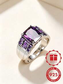 1pc 925 Sterling Silver Square Purple Cubic Zirconia Women's Ring, Women's Jewelry, Size 6-10, Fashionable & Simple, Suitable For Daily Wear, Gift With Gift Box - Silver - View 11