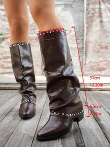 Sepatu Bot Setinggi Lutut Wanita Warna Cokelat PU Gaya Punk Western, Sepatu Bot Hak Tebal Lancip Berkerut dengan Gesper Paku Keling, Ukuran Besar untuk Pesta & Pemakaian Sehari-hari - Coffee Brown - View 6
