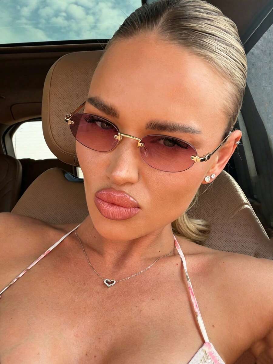 1pc Vintage Frameless Metal Oval Small Frame Gradient Women's Fashion Glasses, Casual Fashion Daily Commute Accessory - Gradient Pink - View 1