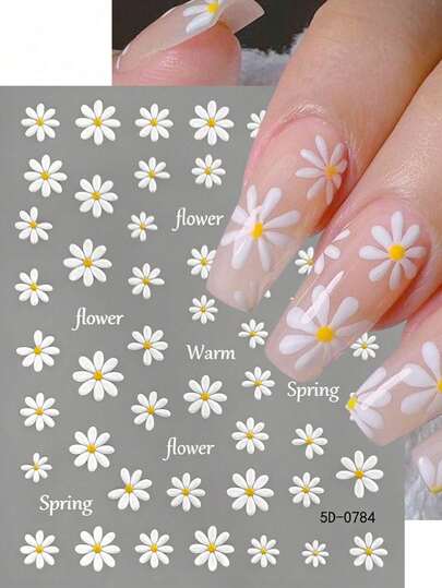 2 Pieces Set Of 5D Relief Daisy Nail Stickers, Self-Adhesive White Flower Nail Stickers, Spring Flower Nail Stickers, DIY Nail Decoration Slider