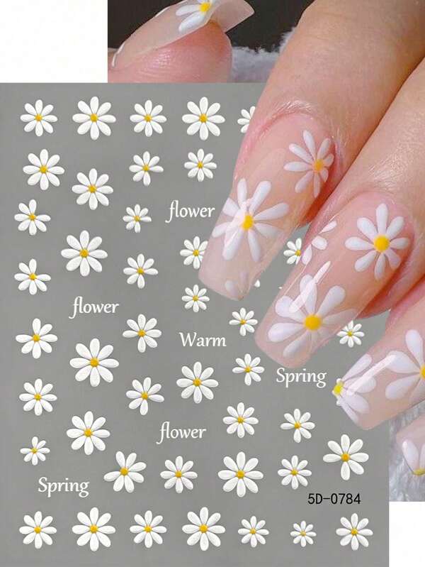 2-delars set med 5D relief-nageldekaler med prästkragar, självhäftande vita blomnageldekaler, vårblomnageldekaler, DIY nageldekoration slider