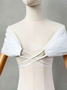 1pc White Tulle Criss-Cross Design Off-Shoulder Bridal Shawl, Summer Wedding Bride Party Elegant Women's Evening Dress Layering Accessory - A - View 13