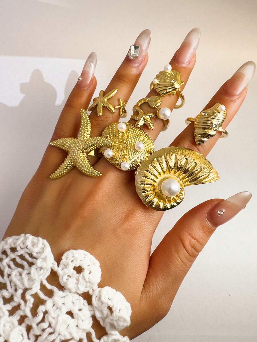 Set de 7 piezas de anillos geométricos de aleación de zinc con estilo punk, con estrella de mar, concha y perla falsa, regalo único para mujeres para usar a diario