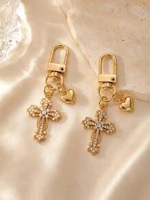 1 Set 2pcs Women's Minimalist Rhinestone Cross & Heart Pendant Keychain, Fashion Elegant Feng Shui Crystal Heart Exquisite Gift Earphone Case Key Ring Accessory - Multicolor - View 4