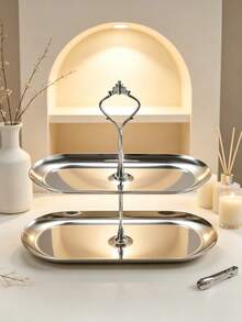 1pc Stainless Steel Oval Double Layer Cake Stand, Fruit Plate, Dessert Stand, Cake Stand, Oval Bread Plate, Cake Tower, Party Cupcake Display Tower, Dessert Display Stand, Suitable For Birthday, Party, Wedding, Afternoon Tea, Desktop Storage Rack, Multi-Layer Dessert Storage Rack, Gold And Silver Optional, Food Tray, Snack Tray, Cake Stand Tray - Silver - View 7