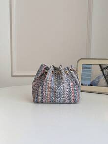 Mini New Fashion Straw Woven Gold Chain Drawstring Bucket Bag Beach Bag - Blue - View 8