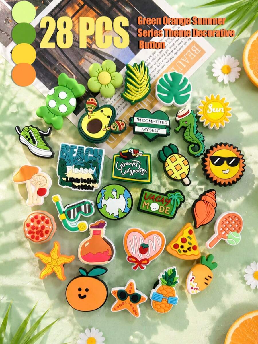 28 Pieces / Sets. The Green And Orange Summer-Themed Decorative Buttons Are Suitable For DIY Making Of Slip-On Shoes And Make Great Gifts For Friends.