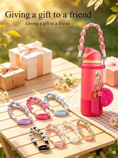 10/1pc Exquisite Crochet Water Bottle Strap, Anti-Slip Silicone Ring Design, Easy Installation, Detachable Hook Handle, Suitable For Hydration Enthusiasts; Fashionable Water Bottle Strap, Suitable For Hiking, Vacation Scenarios, Includes Flower Decoration, Water Bottle Handle And Accessories, Daily Outdoor Travel, Autumn Garden Backyard Water Cup Accessory Decoration Gift