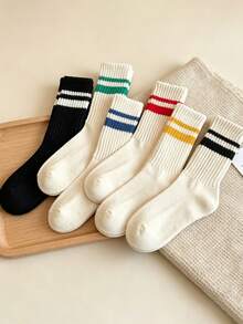 1/5 Pairs Men's Striped Mid-Calf Socks, Comfortable Breathable Moisture-Wicking Sports Socks, Couple Socks, Unisex, Suitable For Daily Wear, Sports, Back To School Season, Random Color - Multicolor - View 2