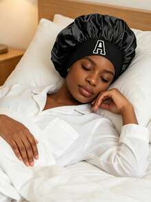 1Pc A-Z Letters Satin Sleep Bonnet,Soft Comfortable Sleeping Bonnet,Elastic Wide-Brim Silky Sleeping Cap For Hair Protection, Year-Round Use - Black - View 3