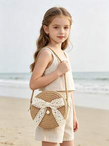 1pc -Adorned Round Crossbody Bag With Lace Bow & Adjustable Strap-Handbag, Zipper Closure For Casual, Preppy, Vacation (5.12"/2.36" Compact Purse) - Multicolor - View 3