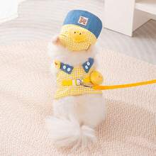 Set Perlengkapan Jalan-jalan Hewan Peliharaan Motif Kotak-kotak Kuning, Topi Anak Ayam Berbulu, Harness dan Tali yang Dapat Diatur, Harness Model Rompi, Cocok untuk Anjing dan Kucing Kecil - Kuning - View 4