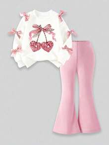 Girls' Simple Fashion Pink Bow Cartoon Print White Top And Pink Pants Sports Set, Autumn/Winter - White - View 2