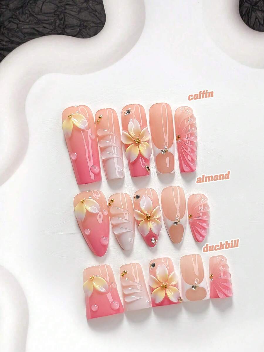 10片溫柔仙女風手工穿戴甲,Polygel美甲套組,五瓣花設計,粉色與白色配色,甜美風格,附美甲工具,3種尺寸可選,杏仁/鴨嘴/棺材形,適合派對、跳舞、日常配戴 - 彩色 - 查看 1