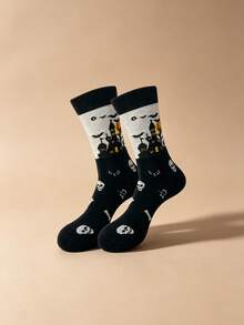 2 Pairs Halloween Couple Mid-Calf Socks, Women's, Haunted House, Skeleton, Bat, Scarecrow And Pumpkin Patterns, Collegiate Style Socks, Halloween Fun Casual Socks, Suitable For Daily Wear. - Multicolor - View 6