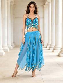 Professional Belly Dance Sequin Coin Fringe Halter Crop Top, Elastic Waist Side Slit Layered Chiffon Skirt For Dance Training, Stage Shows And Competitions - Multicolor - View 4