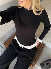 Yepolly-Pop Atasan Rajut Bergaris Musim Gugur/Musim Dingin Wanita, Sweater Lengan Panjang dengan Hiasan Ruffle Hitam, Pakaian Kasual untuk Kantor - Hitam dan Putih - View 7