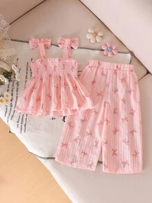 Conjunto de 2 piezas de top sin mangas y pantalones largos lindos y frescos para niña bebé, primavera/verano - Rosado Sandía - Ver 2