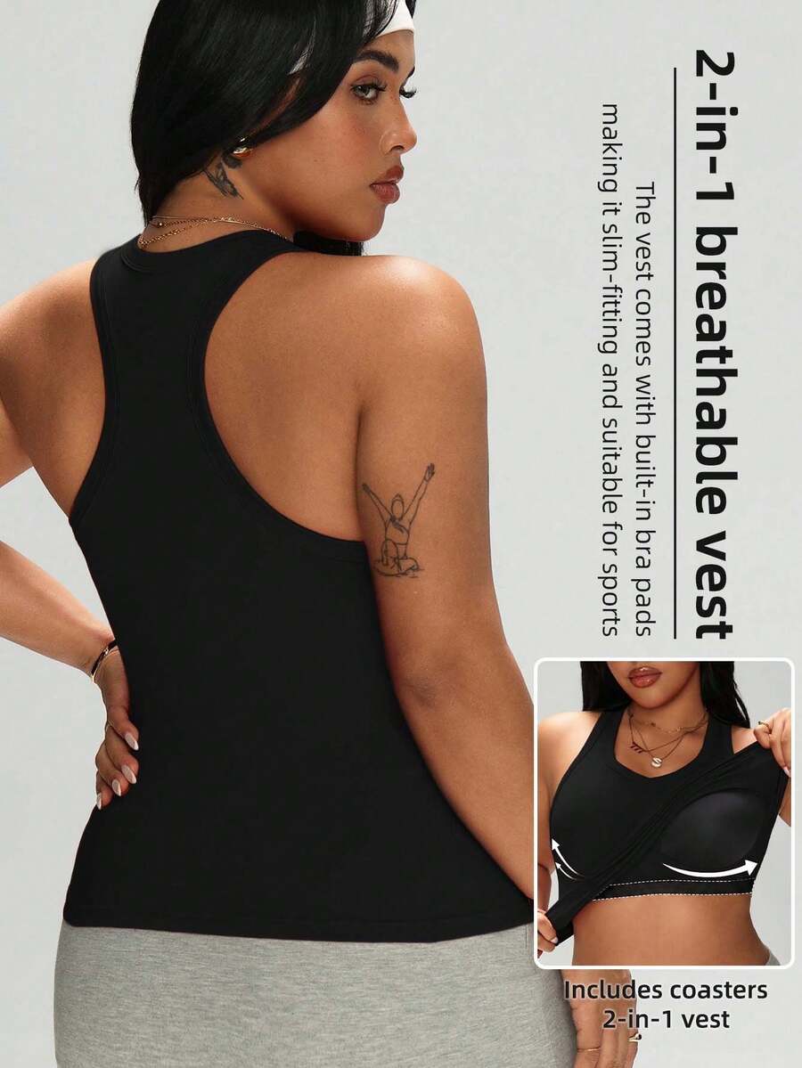 1pc Plus Size 2-In-1 Tank Top With Built-In Bra Pads, Racerback Design, Slimming, Quick-Dry, Casual Sports Yoga Camisole For Women, Suitable For All Seasons - Black - View 1