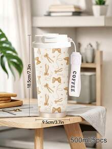 1pc/5pcs 500ml Elegant Gold Bow Water Cup, Double-Wall Stainless Steel Insulated Tumbler For All Seasons Outdoor Travel, Cream White Base With Vintage Gold Ribbon Bow Print Design, Portable Coffee Cup With Lanyard, Gift For Girlfriend, Couple Cup, Suitable For Daily Commute And Best Friends - Apricot-brown Bow - View 4