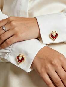 2pcs Fashion Red Heart And Black Club Shaped Cufflinks Decorative Buttons For Women, Suitable For Daily And Holiday Wear, Exquisite Gifts For Friends - Multicolor - View 2