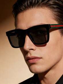 GUCCI Men's GG0057SK-002 Square Sunglasses, Acetate Frame With Webbing Detail, Green Lenses 100% UV Protection GG0057SK-002 - Black - View 6