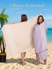 2 Pieces %100 Cotton Mykonos Peshtemal, 2 Peshtemals In Same Colour, 2 Peshtemal Suitable For Beach And Home Use - Lilac Purple - View 9