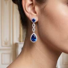 1 Pair Elegant Royal Blue Teardrop Halo Dangle Stud Earrings, Sparkling Cubic Zirconia Long Dangle Earrings, Elegant Bridal Wedding Evening Party Accessories, Suitable For Luxury Weddings, Evening Parties, Balls, Perfect Gift For Her, Ideal Jewelry Gift For Women - Silver - View 3