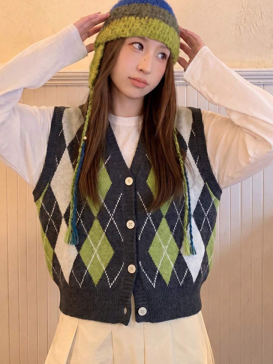 Women's Autumn/Winter Minimalist Casual Retro Diamond V-Neck Cardigan Sweater Vest - Dark Grey - View 1