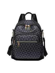 Geometric Triangle Print Mini Backpack Gold Zipper Multi Pocket Detachable Adjustable Strap Water Resistant Convertible Daypack For Women - Multicolor - View 12