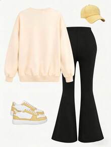 2pcs/Set Girls Leopard Print Denim Heart Print Crew Neck Sweatshirt + Flare Pants, Autumn/Winter Fashion Comfortable New Outfit - Multicolor - View 3