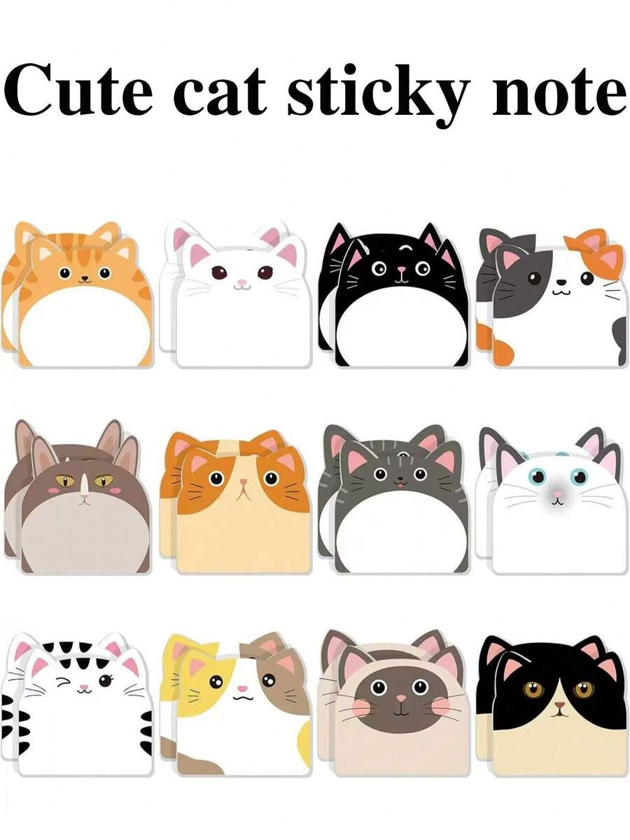1/3/12pcs Cute Cat Cartoon Sticky Notes, Adhesive Cat Stickers, Strong Adhesion, Convenient For Office And Study, Suitable For Back To School Season, Refrigerator Message Notes